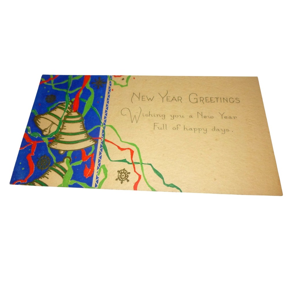 Vintage New Year Greetings Card Bells Ribbons Art Deco Style Tan Blue 6x3.25in